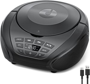 Gueray CD player portabil boombox cu difuzoare integrate, radio FM, intrare AUX și mufă pentru căști, ideal pentru cărți audio