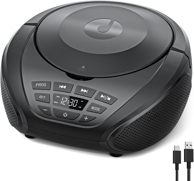 Gueray CD player portabil boombox cu difuzoare integrate, radio FM, intrare AUX și mufă pentru căști, ideal pentru cărți audio