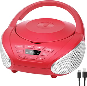 Boombox portabil cu CD player Gueray cu difuzoare integrate, radio FM, intrare AUX, ieșire pentru căști și mod playlist pentru cărți audio