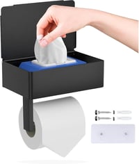 GUIGUZI Fekete Rozsdamentes Acél WC Papír Tartó Nedves Törlőkendő Tárolóval és Polccal - Fúrás Nélkül Felszerelhető Öntapadós Fürdőszobai Ki 1