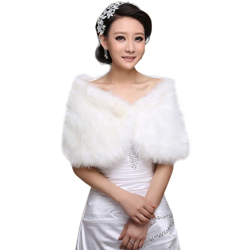 Stolă de Mireasă din Blană Artificială Albă GUMEI, Șal, Pelerină cu Perle Decorative, Bolero pentru Palton de Iarnă