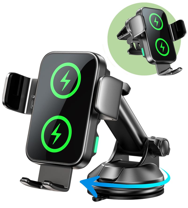 Încărcător auto wireless GuMosh 15W cu suport pentru telefon, prindere automată la 360° - negru