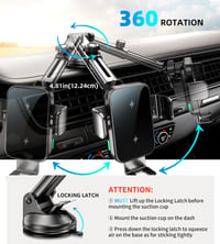 Încărcător auto wireless GuMosh 15W cu suport pentru telefon, prindere automată la 360° - negru 5