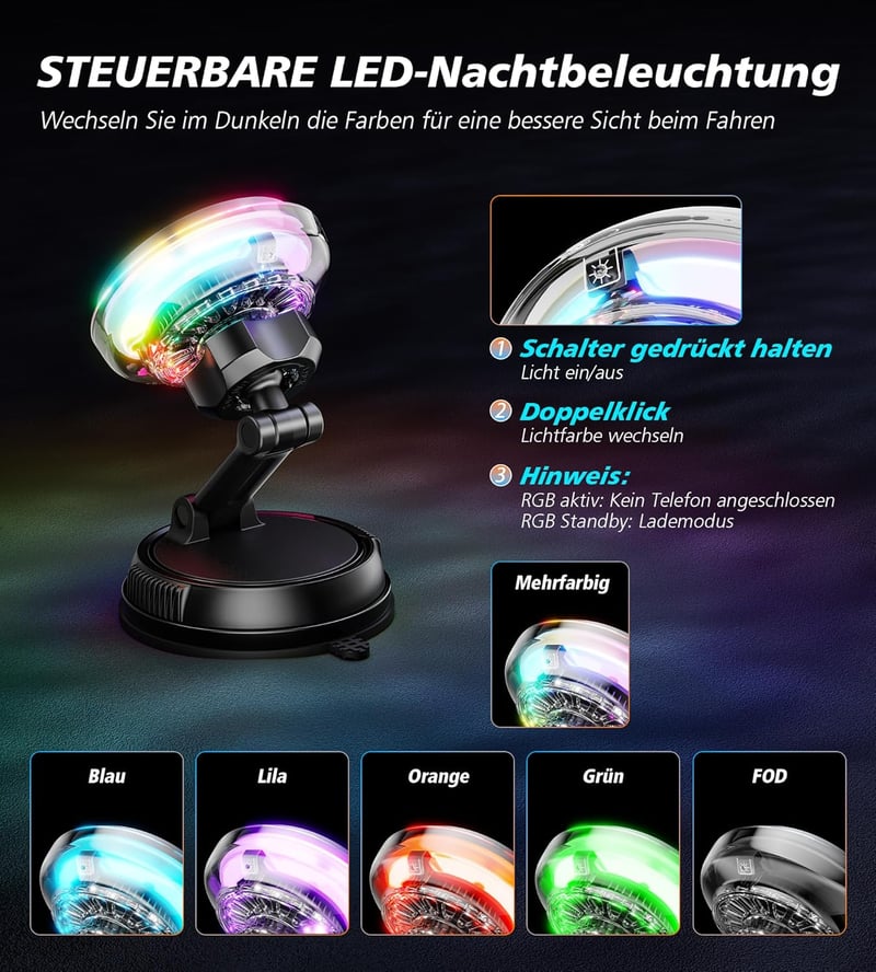 GuMosh Qi2 15W MagSafe autós töltő hűtéssel, RGB világítás, erős mágneses tartó iPhone-hoz