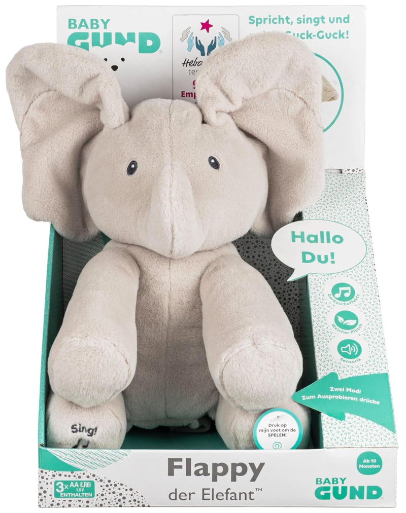 Elefănțel de pluș muzical și interactiv GUND Flappy – cu urechi care se mișcă pentru jocul de-a v-ați ascunselea, aprox. 30 cm, limba germană, recomandat de la 10 luni