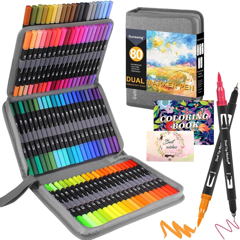 Gunsamg 80 db Dual Brush toll filctoll készlet felnőtteknek színezéshez, vázlatkészítéshez és színezőkönyvvel, képeslapos üdvözlőlaphoz, sze