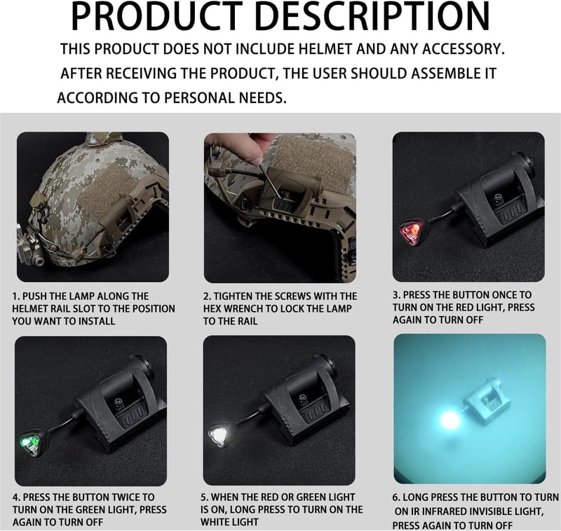 Gunyoo Taktikai Sisak Lámpa 4 Üzemmóddal - Zöld/Piros/Fehér/IR LED Hajlítható Nyakkal - Vadászathoz, Airsoft Játékhoz, Túrázáshoz - Brown