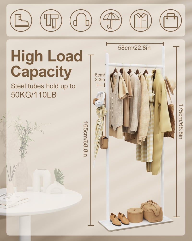 GUOHNHE Freestanding Ruhaállvány Fehér 175cm Kőlappal és 2 Horoggal