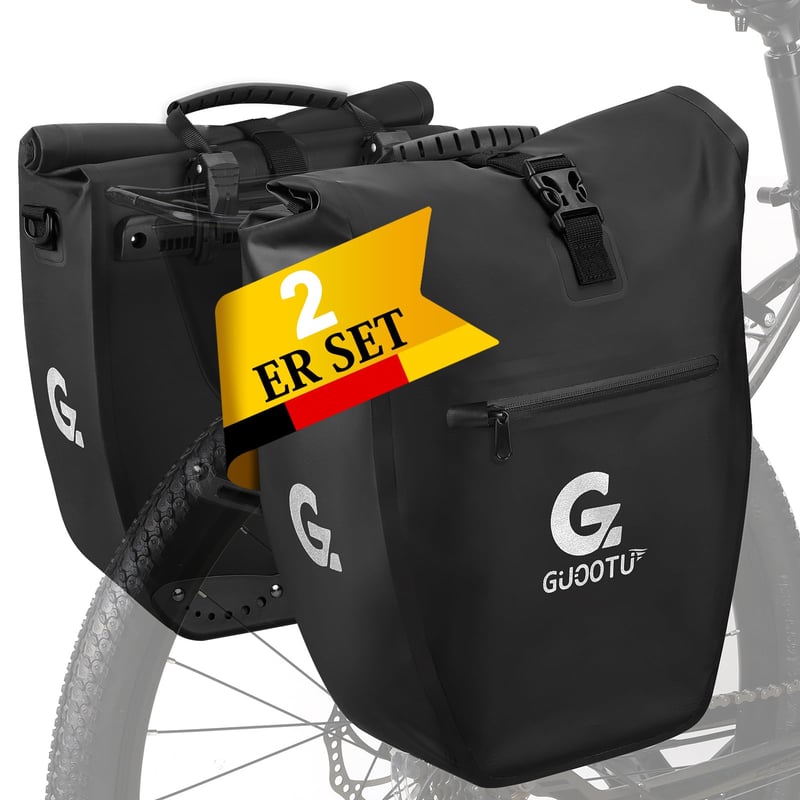 GUOOTU Cyklistická brašna na nosič, 2 ks, 64 l, plachtovina, čierna, 32 l/ks, s reflexnými prvkami, rukoväťou a ramenným popruhom