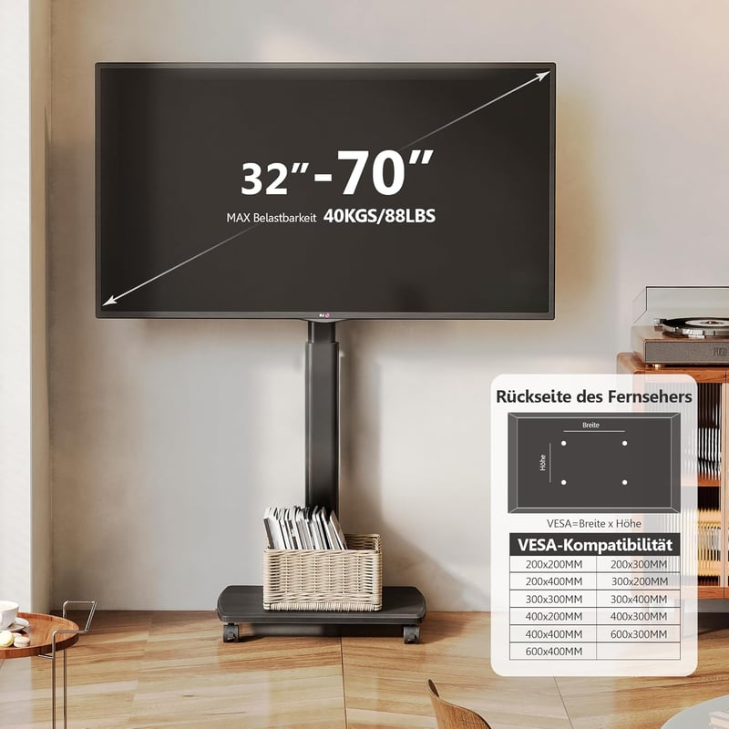 Gurulós TV Állvány Fa Polccal - 32-70" Képernyőkhöz, 40kg Teherbírás, Állítható Magasság, Forgatható, VESA 400x600 Kompatibilis