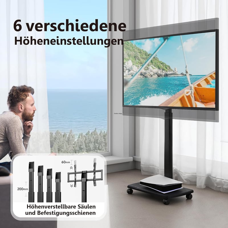 Gurulós TV Állvány Fa Polccal - 32-70" Képernyőkhöz, 40kg Teherbírás, Állítható Magasság, Forgatható, VESA 400x600 Kompatibilis