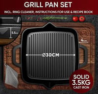 GUSSKÖNIG 30 cm előfűszerezett öntöttvas grilllap steaklap gáz és indukció tűzhelyhez tisztítószerrel receptkönyv 2