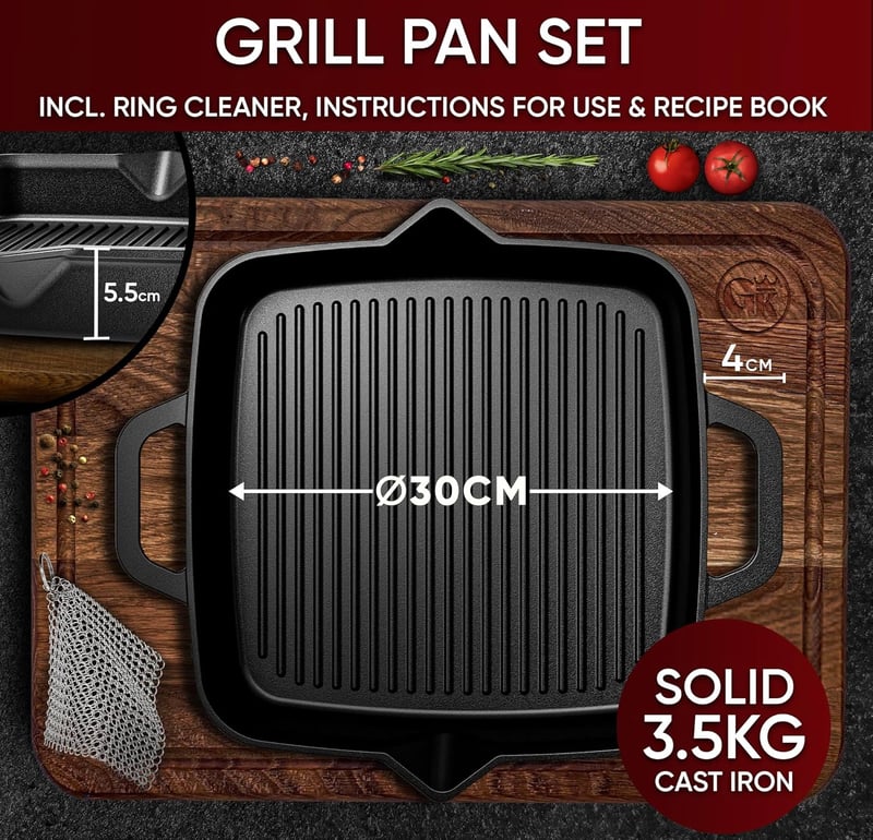 GUSSKÖNIG 30 cm előfűszerezett öntöttvas grilllap steaklap gáz és indukció tűzhelyhez tisztítószerrel receptkönyv