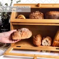 Dvojposchodový bambusový chlebník Gute s priehľadným okienkom, ekologický kuchynský úložný box s vekom, červenohnedý, 41x25x32 cm 4