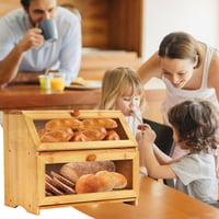 Dvojposchodový bambusový chlebník Gute s priehľadným okienkom, ekologický kuchynský úložný box s vekom, červenohnedý, 41x25x32 cm 2