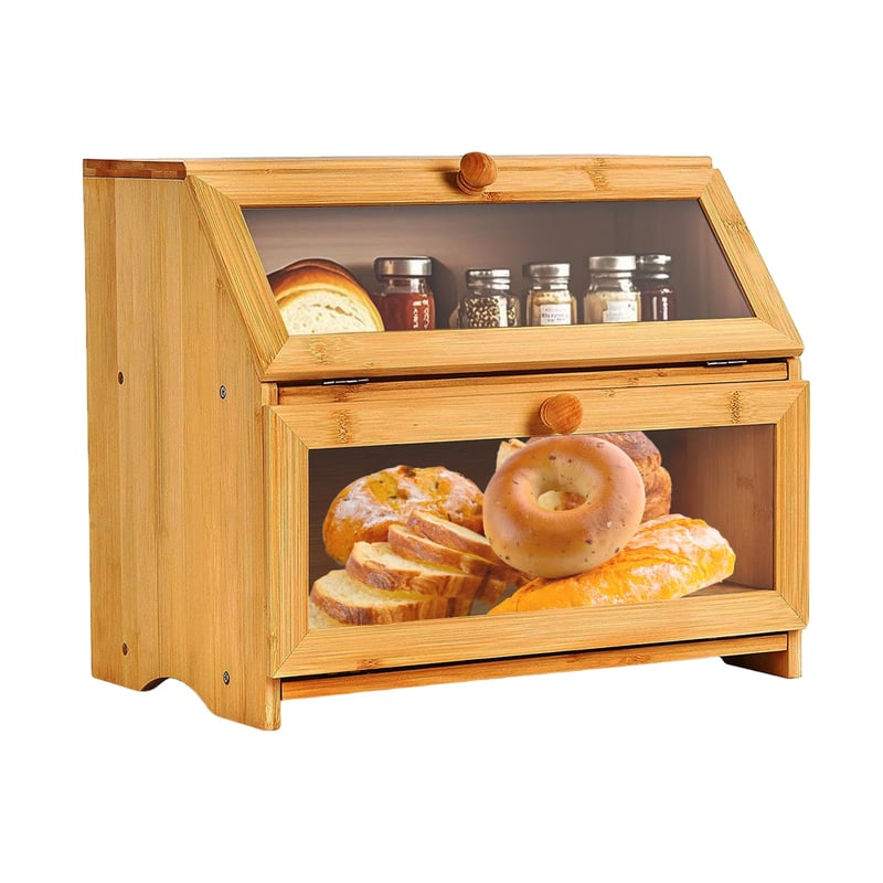 Dvojposchodový bambusový chlebník Gute s priehľadným okienkom, ekologický kuchynský úložný box s vekom, červenohnedý, 41x25x32 cm