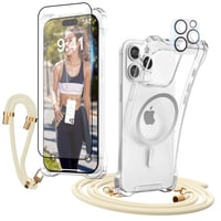 Priehľadný kryt na iPhone 14 Pro s retiazkou, balenie obsahuje 2x tvrdené sklo na displej a 2x ochrannú fóliu na fotoaparát 7
