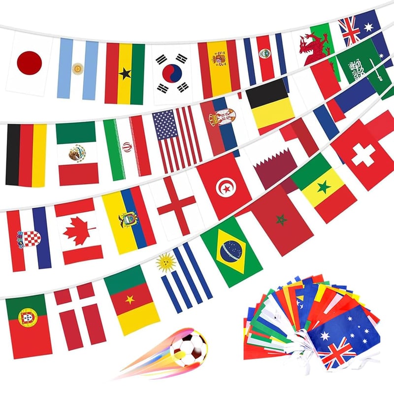 Ghirlandă cu 50 de steaguri ale lumii GUVYATI, 15 metri, 14x21 cm, potrivită pentru campionate de fotbal, cluburi sportive, Campionate Mondiale, Olimpiade, decor pentru baruri și petreceri