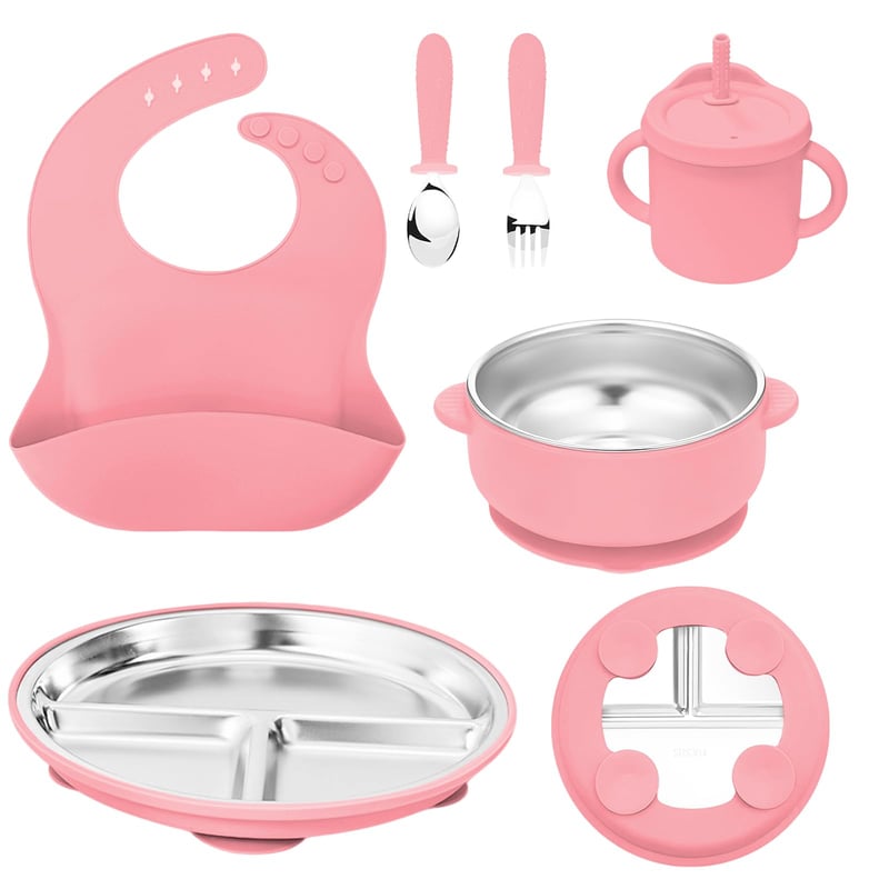 Set de masă pentru bebeluși Guyisile din 6 piese, din oțel inoxidabil, cu husă din silicon, fără BPA