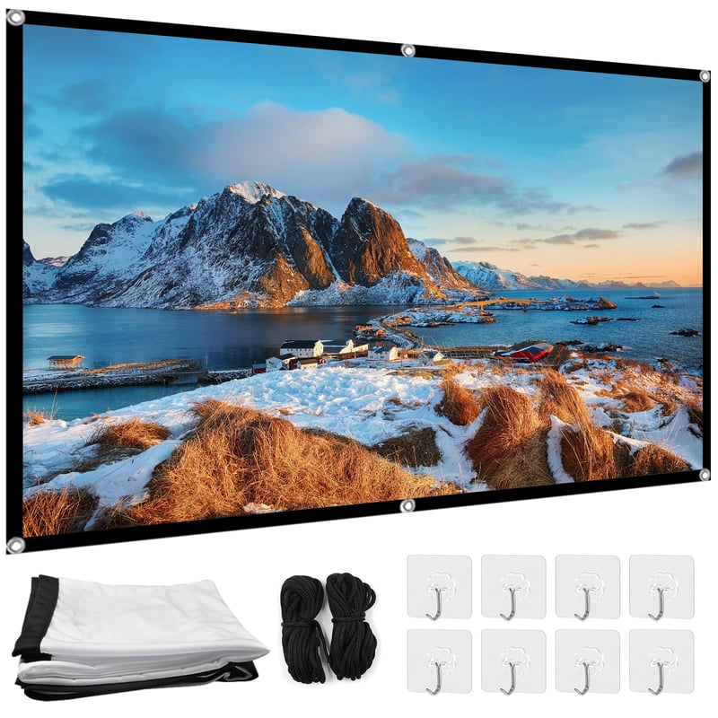 Ecran de proiecție Guzeelu 100 inchi 16:9, portabil, pliabil, anti-șifonare, cu cârlige și corzi, pentru home cinema, birou, școală și utilizare în exterior
