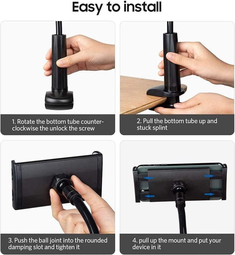 GVEFIVME Univerzális Tablet Tartó - 360° Hajlítható Karos Állvány Csipesszel, 4.7-10.5" Készülékekhez, iPad Pro, iPhone Xs Kompatibilis, Fek