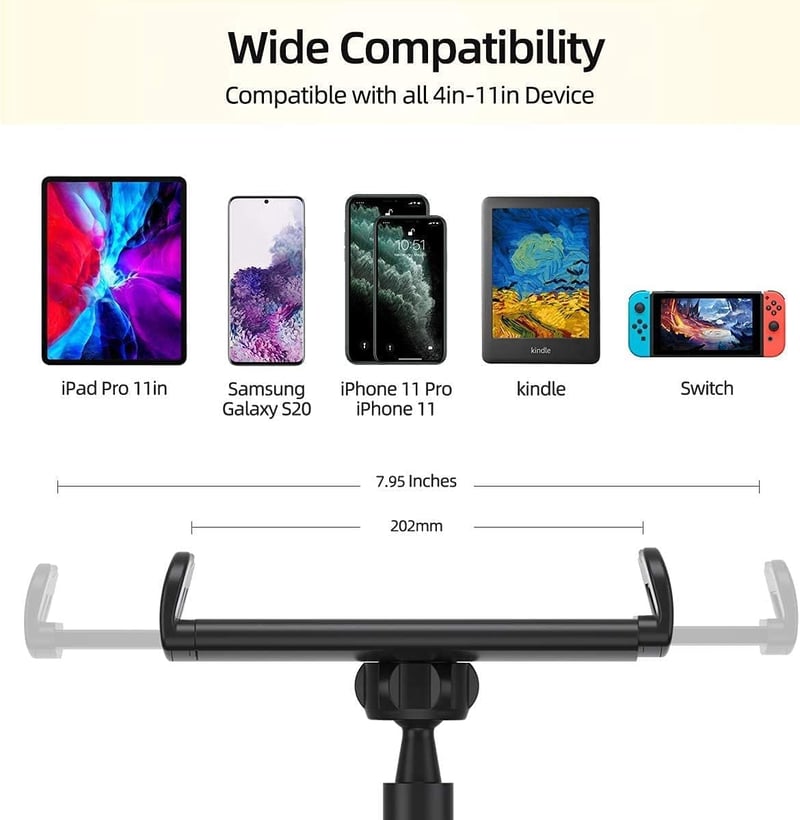 GVEFIVME Univerzális Tablet Tartó - 360° Hajlítható Karos Állvány Csipesszel, 4.7-10.5" Készülékekhez, iPad Pro, iPhone Xs Kompatibilis, Fek