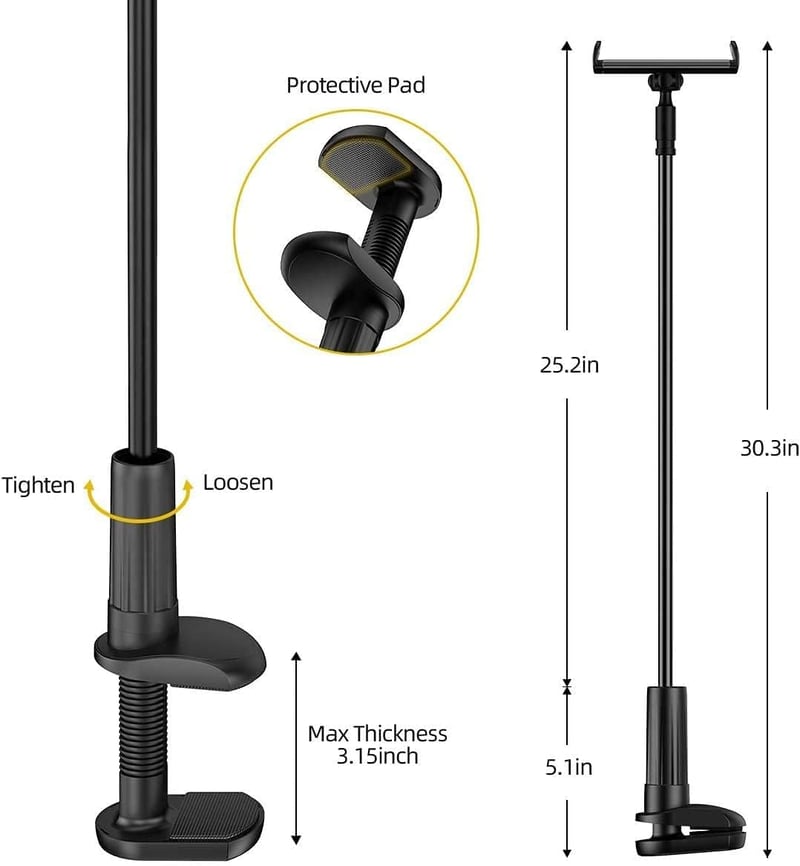 GVEFIVME Univerzális Tablet Tartó - 360° Hajlítható Karos Állvány Csipesszel, 4.7-10.5" Készülékekhez, iPad Pro, iPhone Xs Kompatibilis, Fek