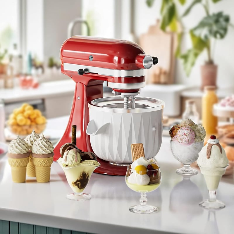 GVODE fagylalt készítő adapter KitchenAid mixerhez, fagylalt és sorbet készítés 4,5-7Qt - White/Opulent Garden, Plastic