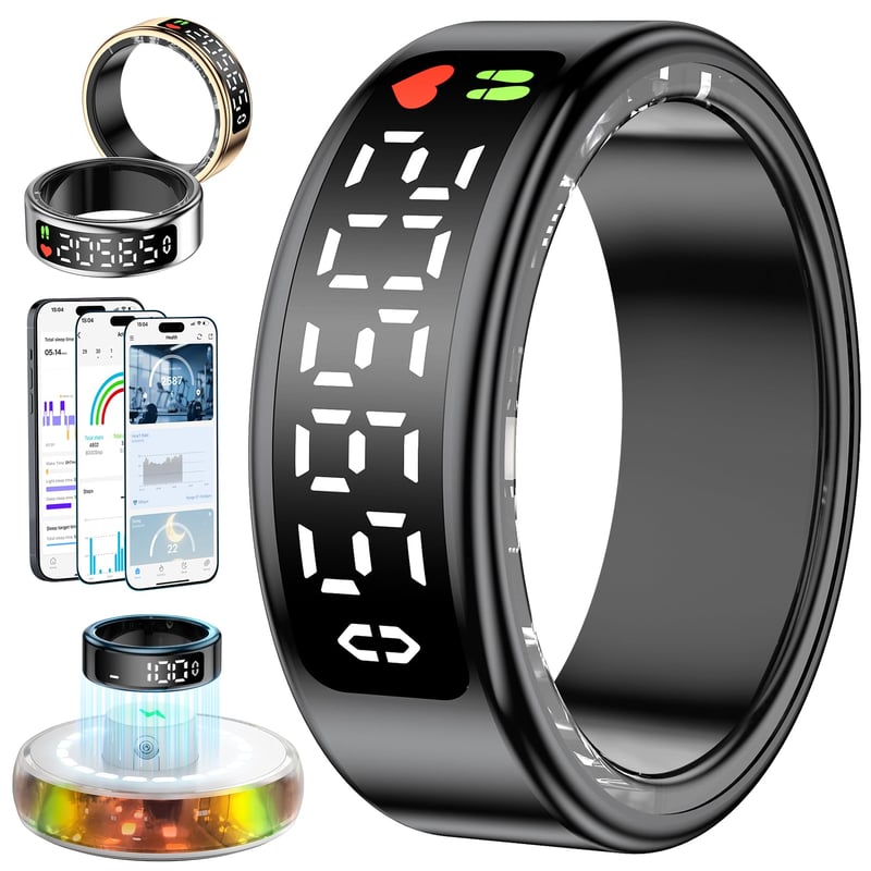 Inel inteligent Gwenland pentru bărbați și femei cu ecran LED, IP68, monitorizare ritm cardiac/SpO2/HRV/somn, Android/iOS, negru, mărimea 12