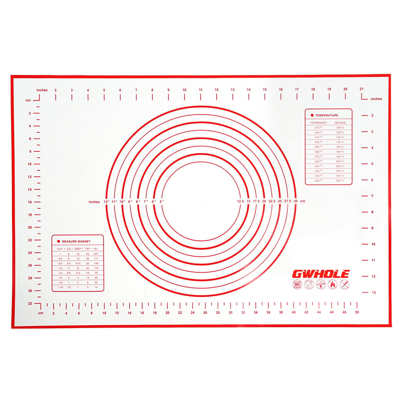 GWHOLE Silikónová podložka na pečenie a vaľkanie cesta, opakovane použiteľná, nepriľnavá, protišmyková, s vyznačenými mierami, 60x40 cm, červená