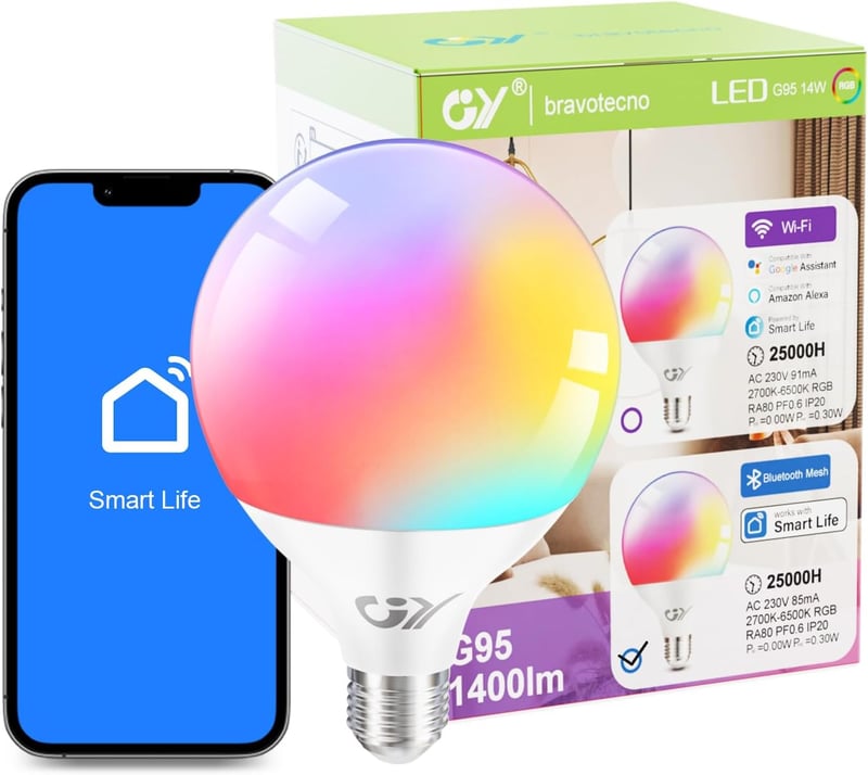 GY Bluetooth Mesh E27 G95 14W LED izzó RGB + meleg/hideg fehér, okos szabályozható, zeneüzemmód