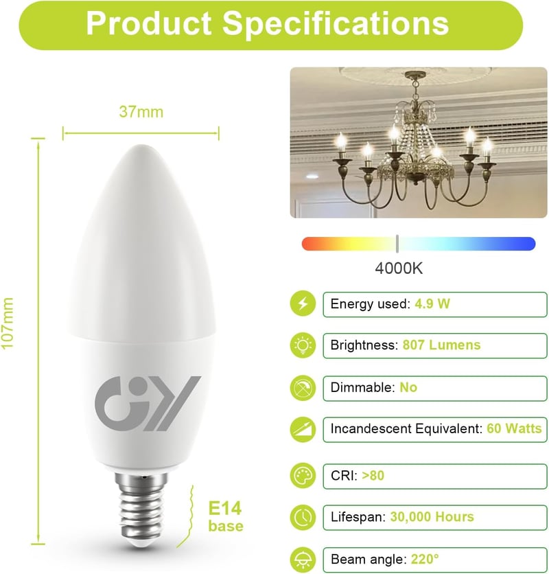 GY E14 LED Izzó 4.9W Természetes Fehér 4000K 807 Lumen Energiatakarékos Gyertya Forma 6db - 6 Stück, 4.9 W - 4000 K