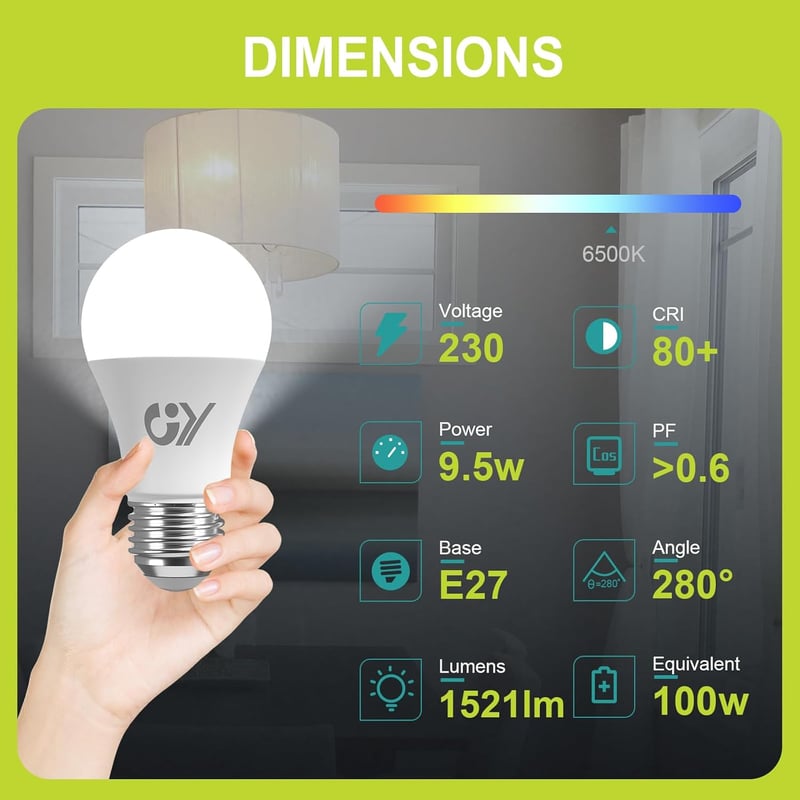 GY E27 LED izzó 9.5W hideg fehér 6500K 1521 lumen, 100W helyettesítő, 2 darab - 2 Stück, A60-9.5w6500k