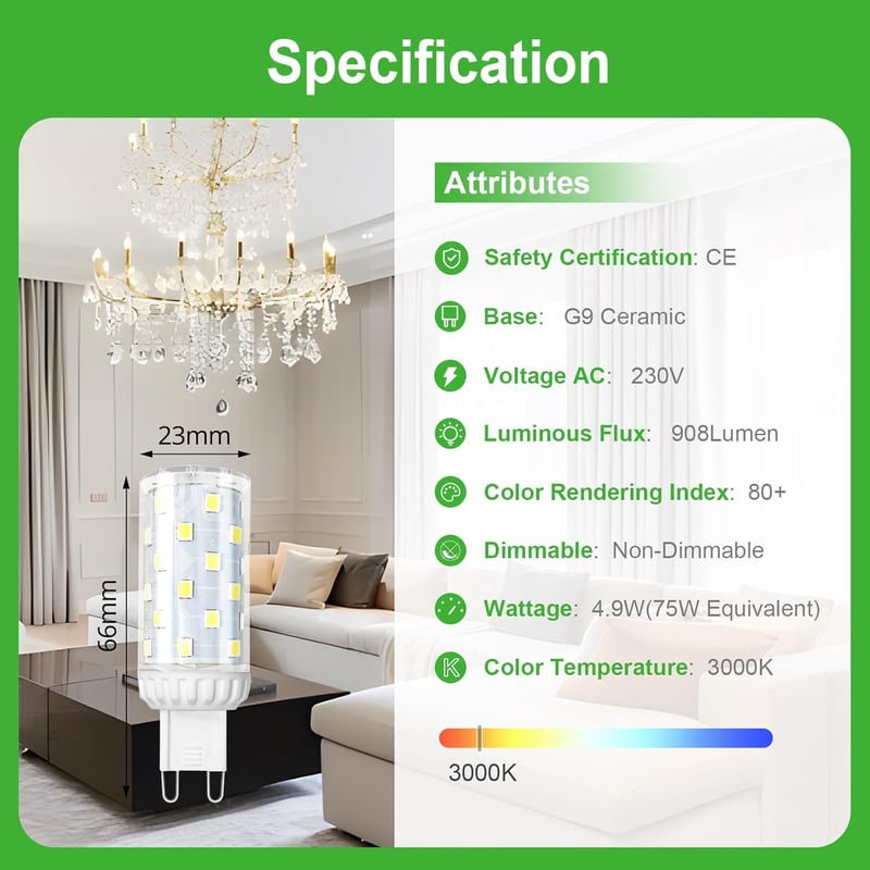 GY G9 LED izzó meleg fehér 3000K 4,9W 75W helyettesítő 908 lumen flicker-free 5db