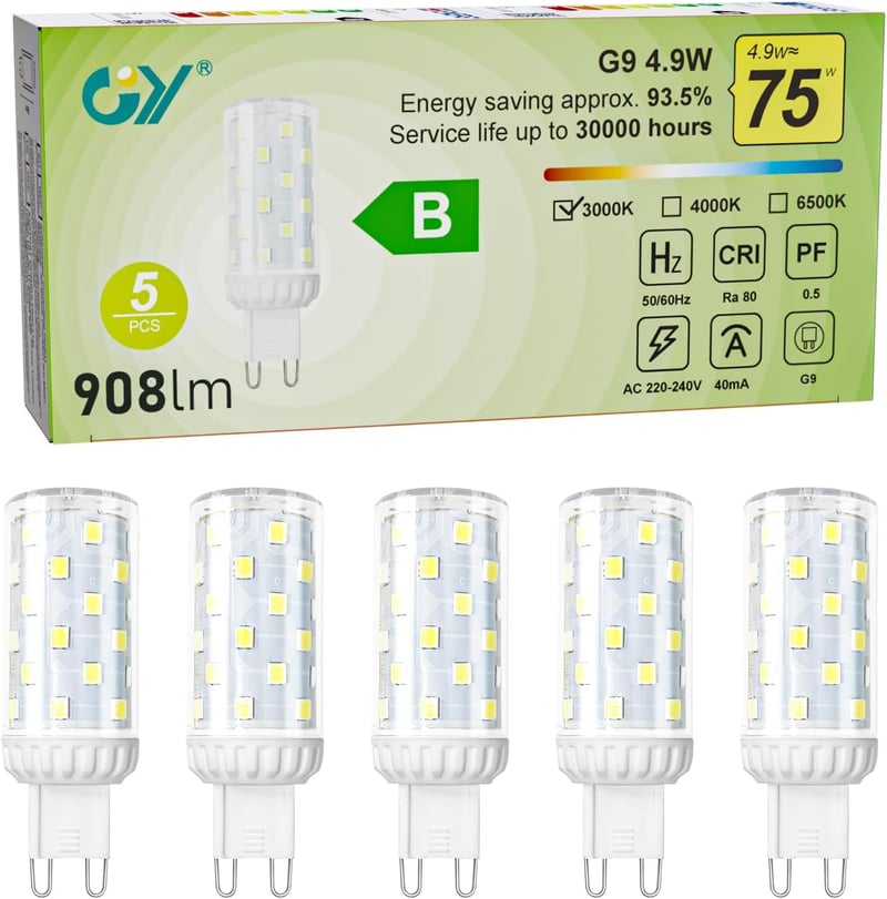 GY G9 LED izzó meleg fehér 3000K 4,9W 75W helyettesítő 908 lumen flicker-free 5db