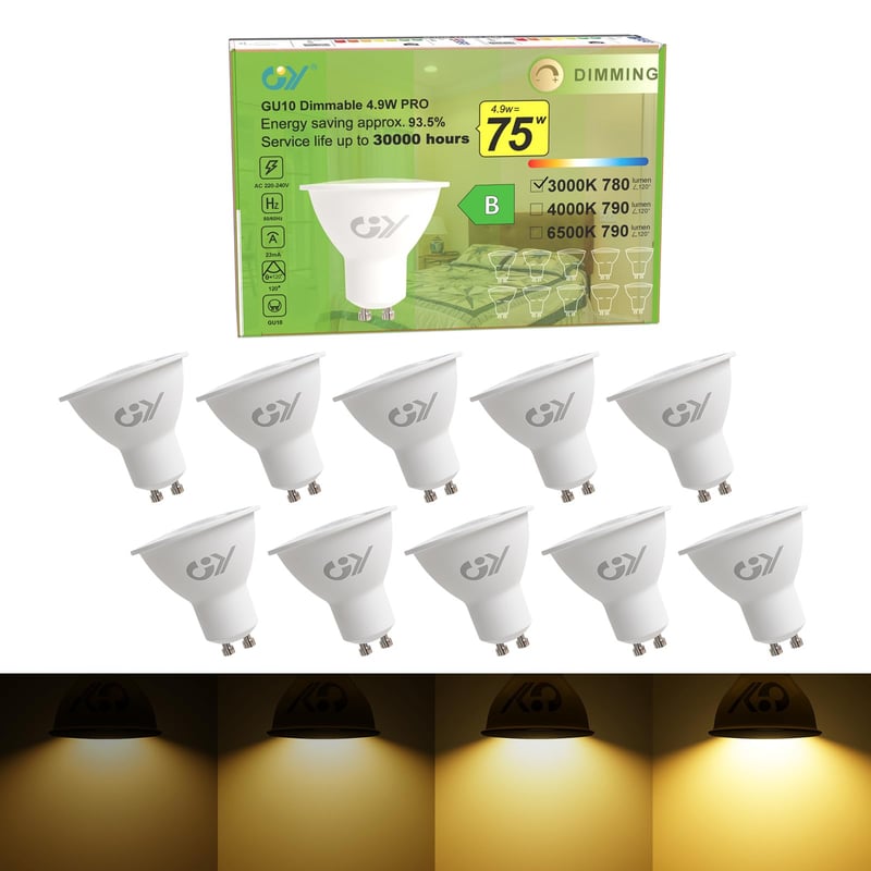 GY GU10 LED prigušiva žarulja, toplo bijela, 4,9W, 780 lumena, 3000K, zamjena za 75W halogenu žarulju, kut snopa 120°, štedna, 10 komada