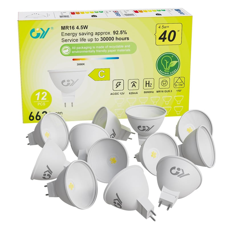 Bec LED GY GU5.3, Alb Cald, 12V MR16, 4,5W, 663 Lumeni, 3000K, Echivalent 40W, AC/DC Fără Pâlpâire, Unghi fascicul 110°, Nereglementabil, 12 bucăți