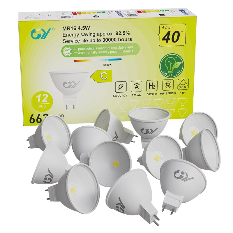 LED žiarovka GU5.3 MR16, studená biela 6500K, 4,5W, 663 lúmenov, uhol vyžarovania 110°, nestmievateľná, náhrada za 40W, 12V AC/DC, balenie 12 ks