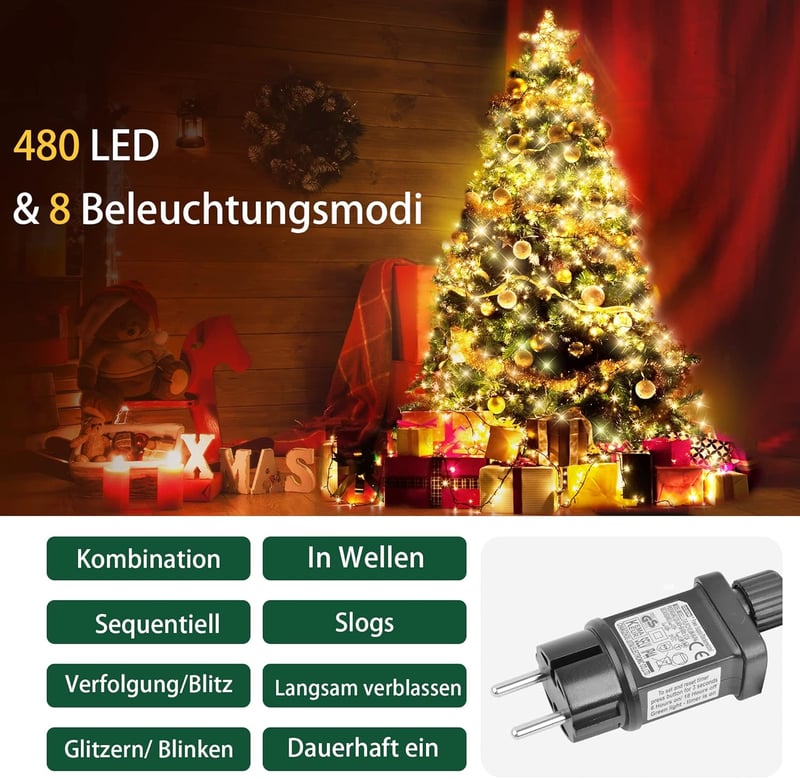 GYLEFY 3m 480 LED Karácsonyfa Fényfüzér 16 Ágú Meleg Fehér Vízálló Beltéri Kültéri - 3 metres, Warm White
