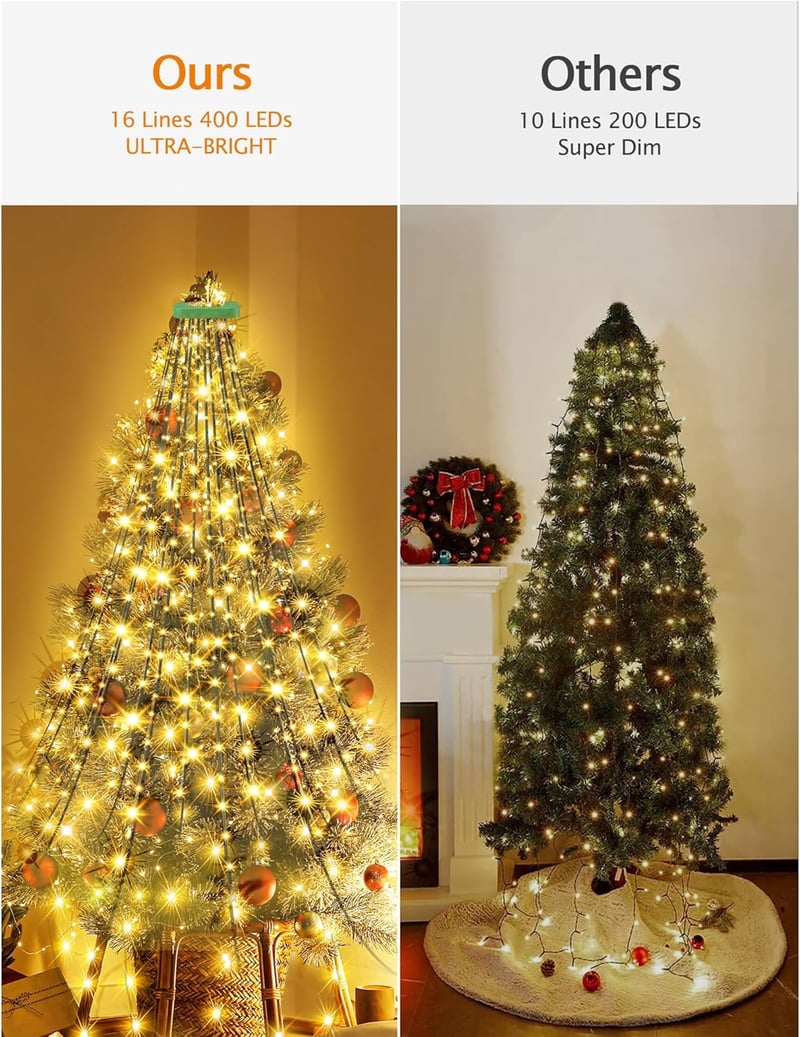 GYLEFY Karácsonyi Fényfüzér 400 LED 16 Ág 2m Vízálló Timer 8 Mód Meleg Fehér