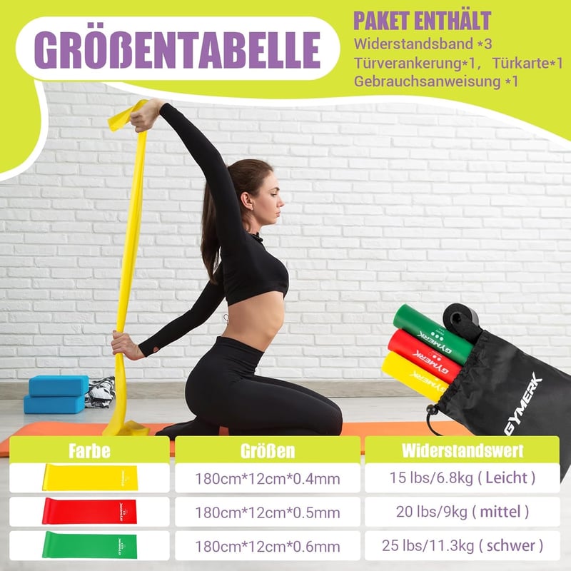 GYMERK Fitness szalag szett 3 darab 1,8m ellenállásos gumiszalag jóga edzéshez