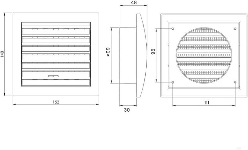 H&C VENT Szellőzőrács Négyzet Fehér 150x150mm Rovarháló Csúszka