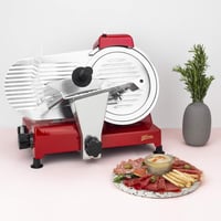 H.Koenig MSX254 Elektromos Szeletelőgép, 0-12 mm Állítható Vastagság, 25 cm Penge, Beépített Élező, 282 RPM, Piros, Alumínium 2