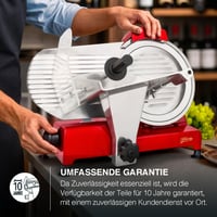 H.Koenig MSX254 Elektromos Szeletelőgép, 0-12 mm Állítható Vastagság, 25 cm Penge, Beépített Élező, 282 RPM, Piros, Alumínium 4
