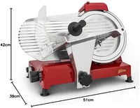 H.Koenig MSX254 Elektromos Szeletelőgép, 0-12 mm Állítható Vastagság, 25 cm Penge, Beépített Élező, 282 RPM, Piros, Alumínium 3