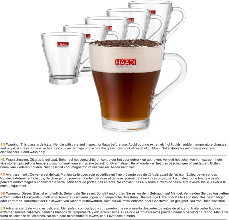 HAADI Üveg Kávéscsésze Szett 6 db 260ml Duplafalú Espresso Tea Latte Pohár Mosogatógépben Mosható - Pack of 6 260ml