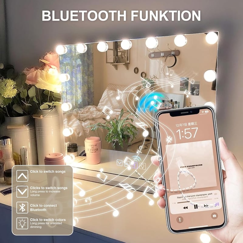 Habison Hollywood Smink Tükör Bluetooth-szal, 15 LED Lámpával, 58x46 cm, USB Kimenettel, 10x Nagyítással, 3 Színhőmérsékletű Érintőképernyős