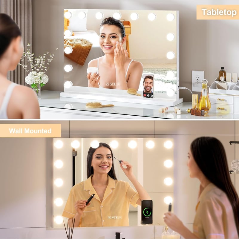 Habison Hollywood Smink Tükör Bluetooth-szal, 15 LED Lámpával, 58x46 cm, USB Kimenettel, 10x Nagyítással, 3 Színhőmérsékletű Érintőképernyős