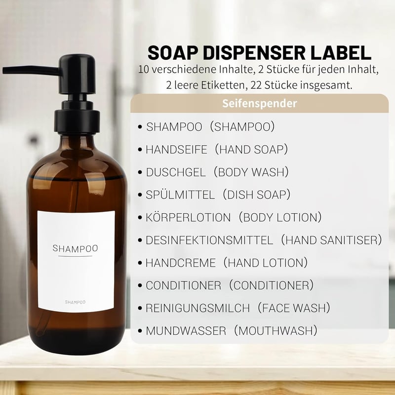 Hafeehoo 3 db Barna Üveg Szappanadagoló 500 ml Fekete Pumpával és Fehér Címkékkel