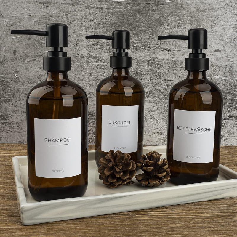 Hafeehoo 3 db Barna Üveg Szappanadagoló 500 ml Fekete Pumpával és Fehér Címkékkel